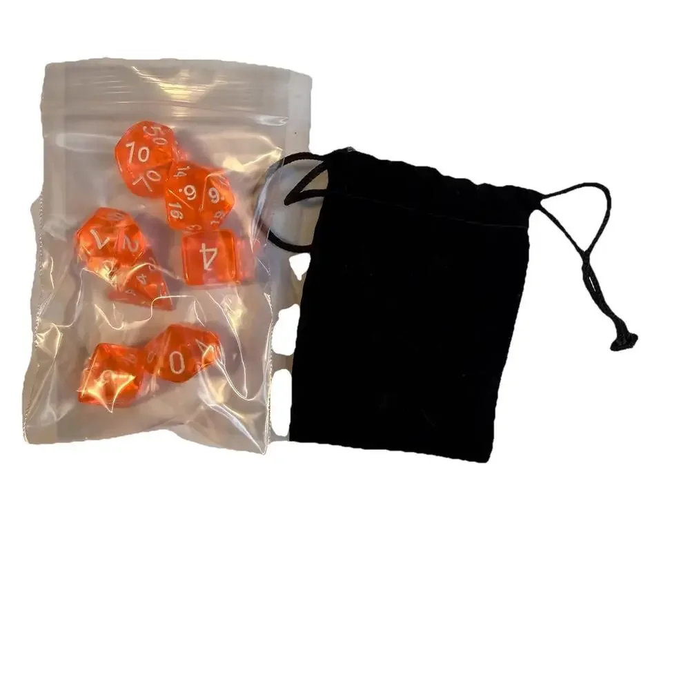 New 7 Piece Polyhedral translucent Salmon W/ White Number Dice Set & Bag /  D&D